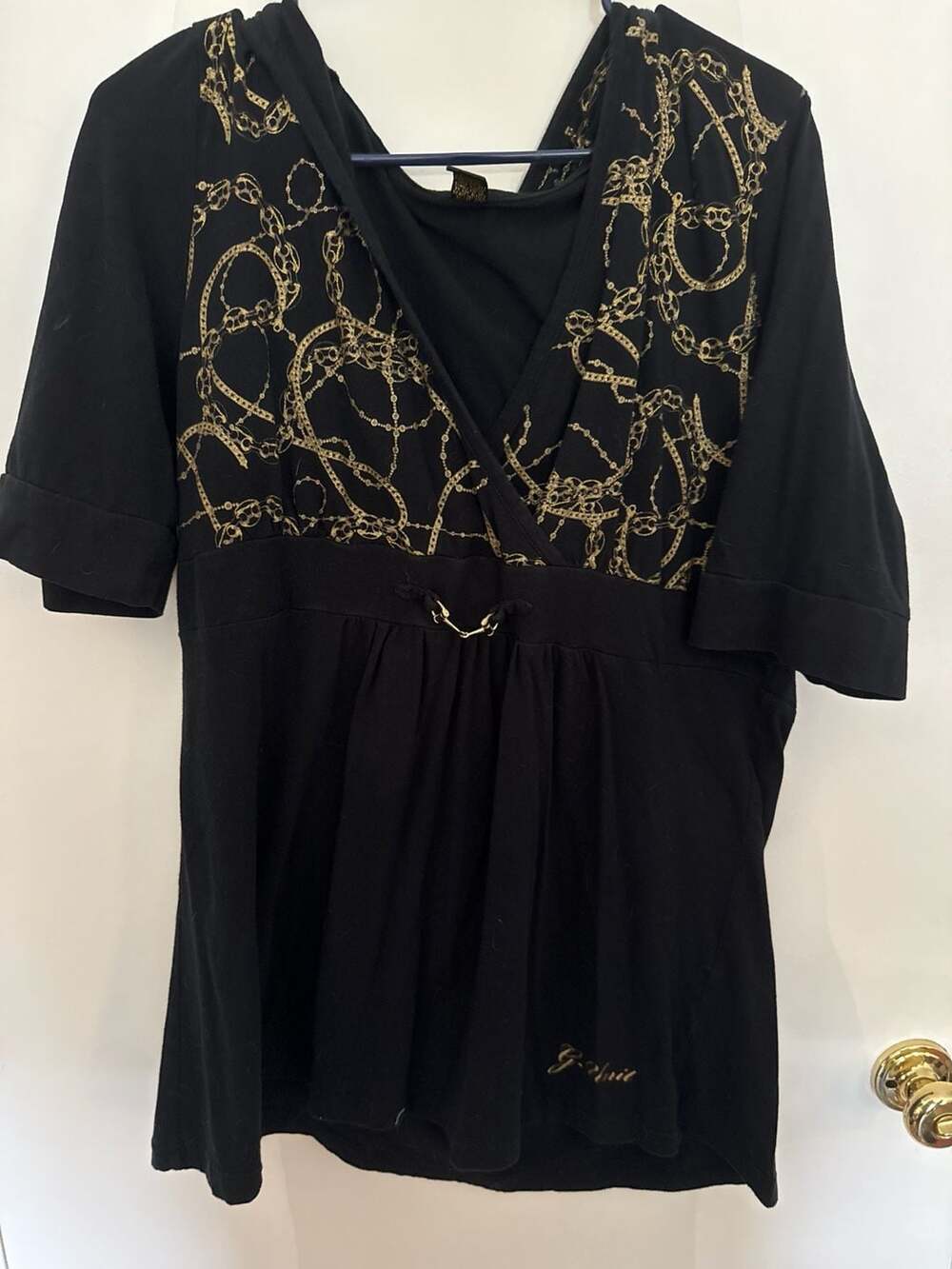 G Unit Top Women Plus Size 2X Short Sleeve Black Gold Hooded Top
